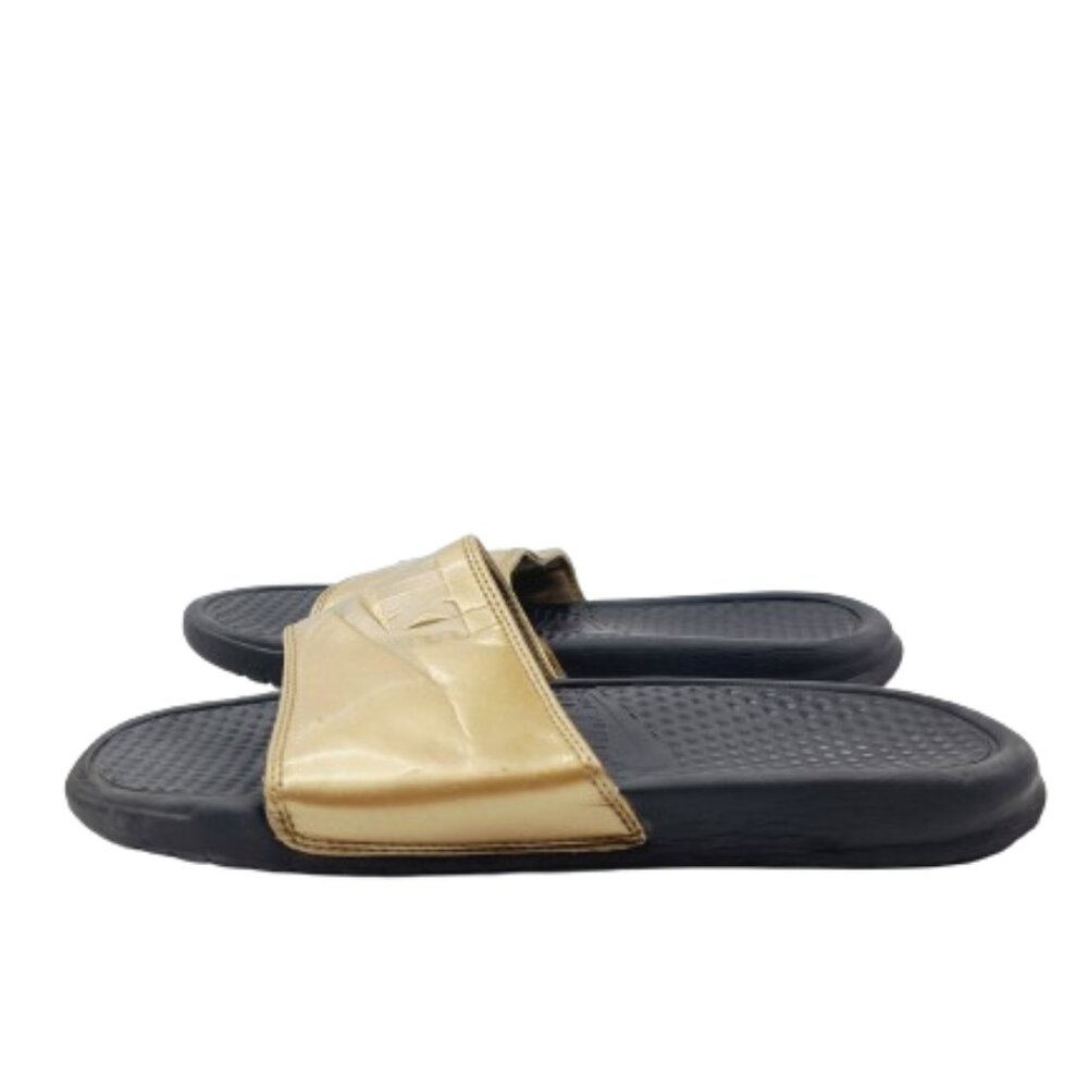 Nike Women's Black Metallic‎ Gold Benassi JDI Print 618919-022 Slide Sandal Sz 9